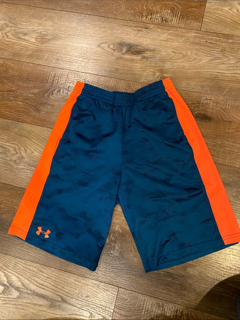 Under Armour Teal Athletic Shorts with Bright Orange Panels (like new sz YL)